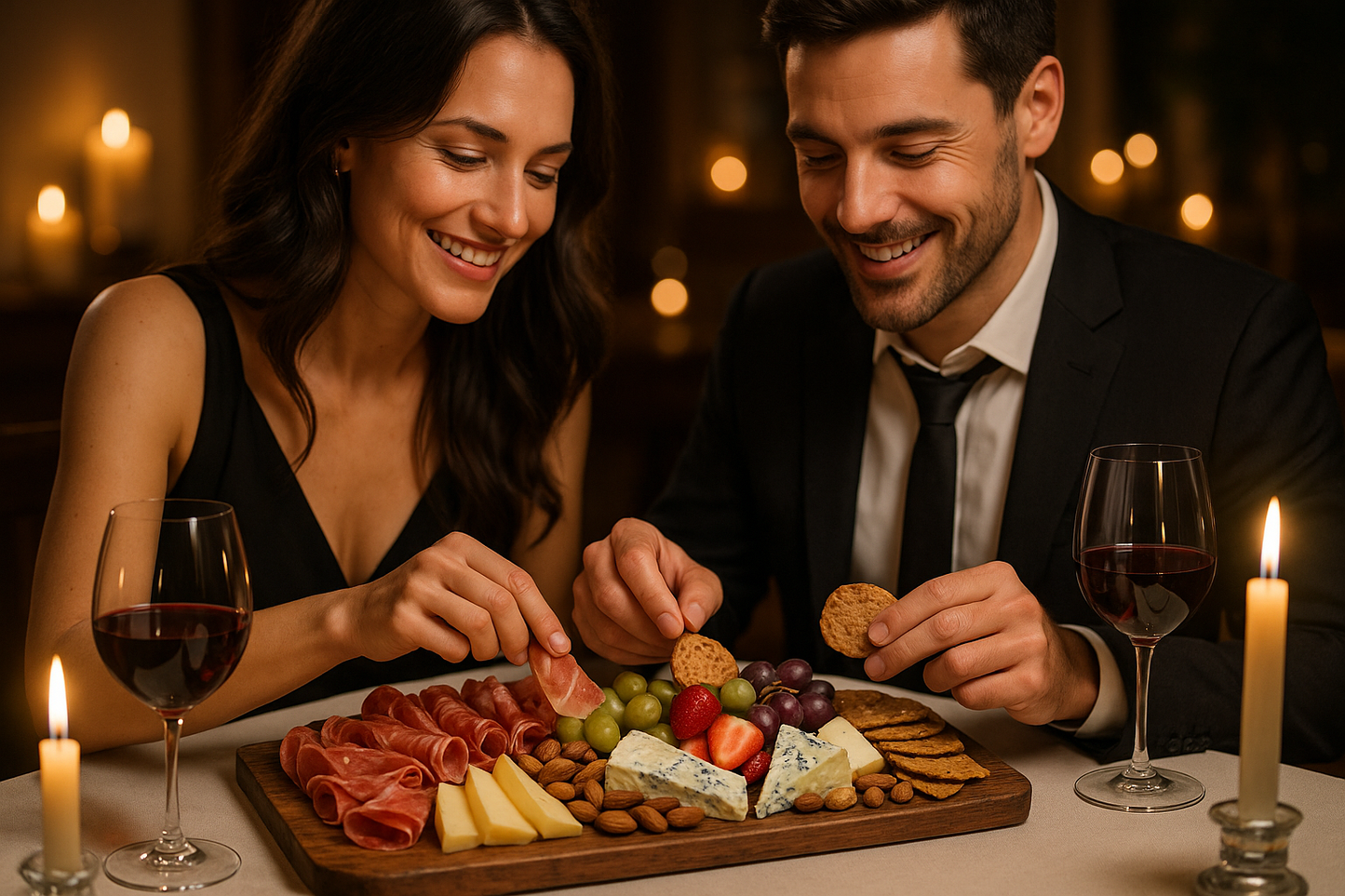 A man and a woman date night with a charcuterie platter