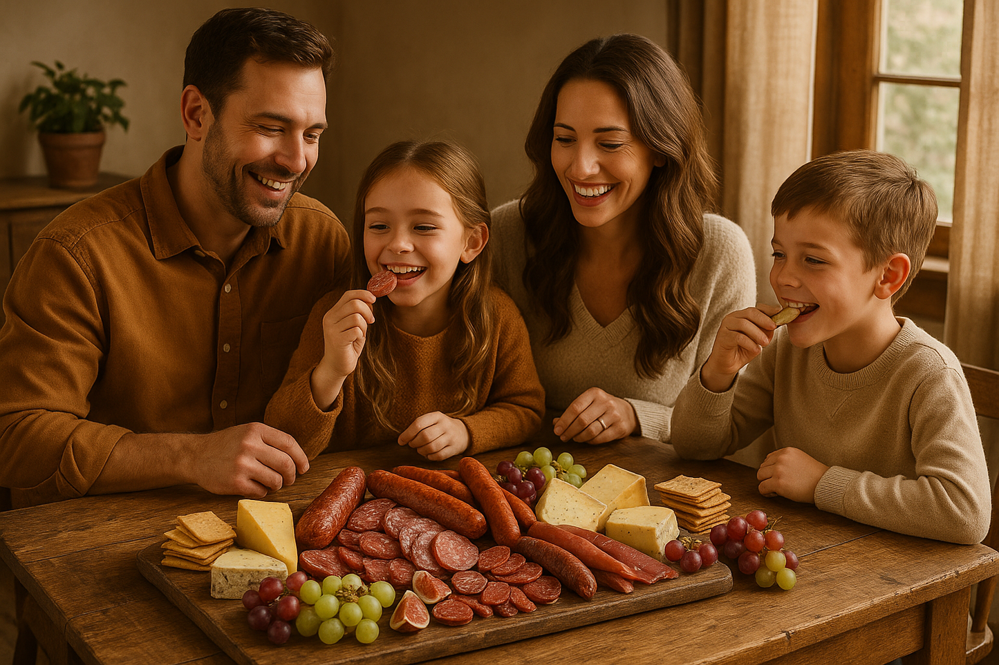 family eating sausages and charcuterie