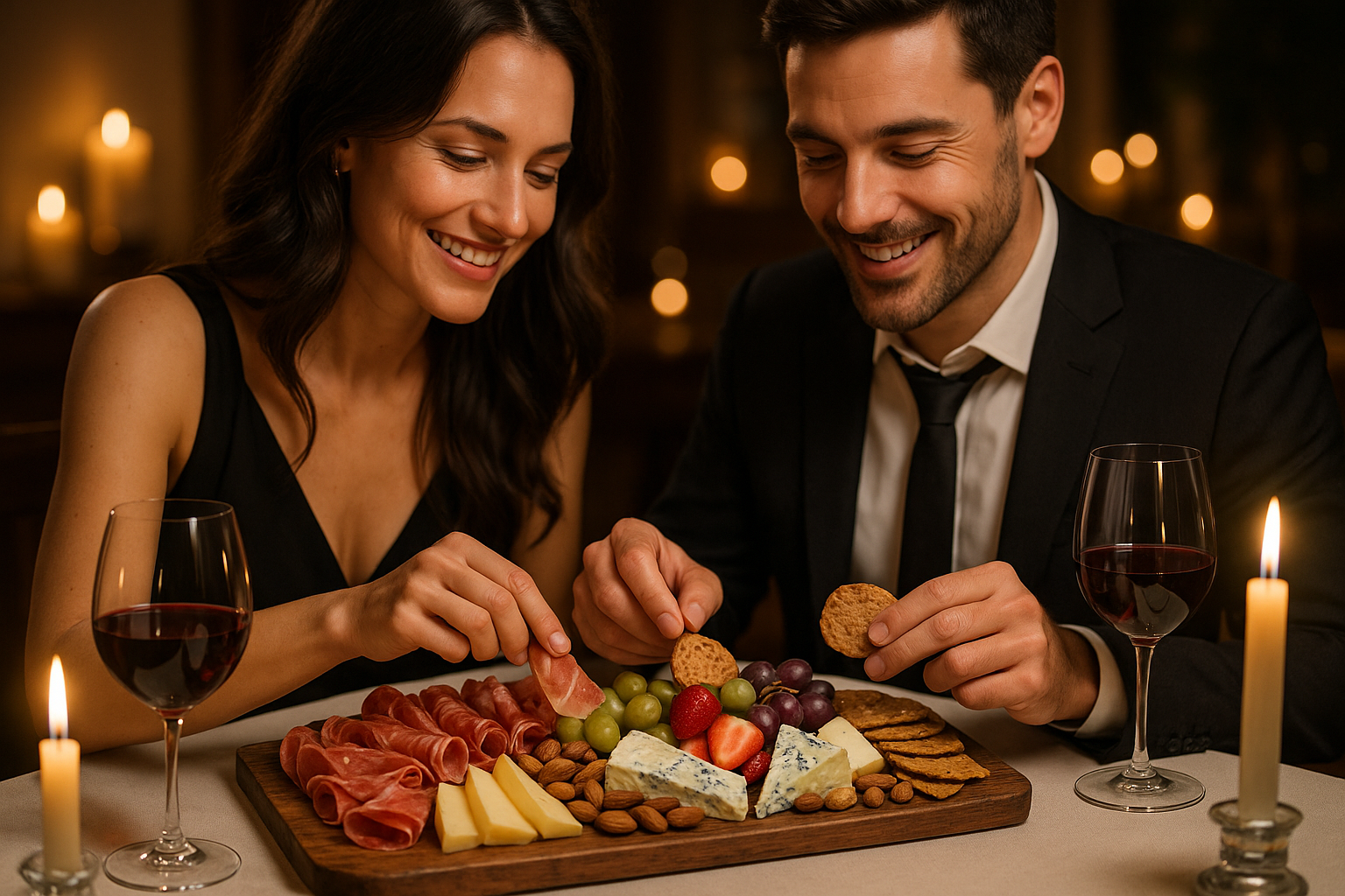 A man and a woman date night with a charcuterie platter