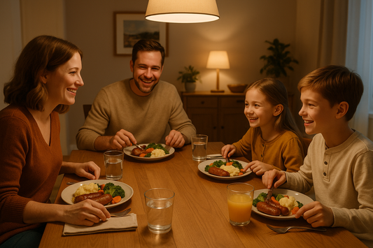 family dinner eating sausages